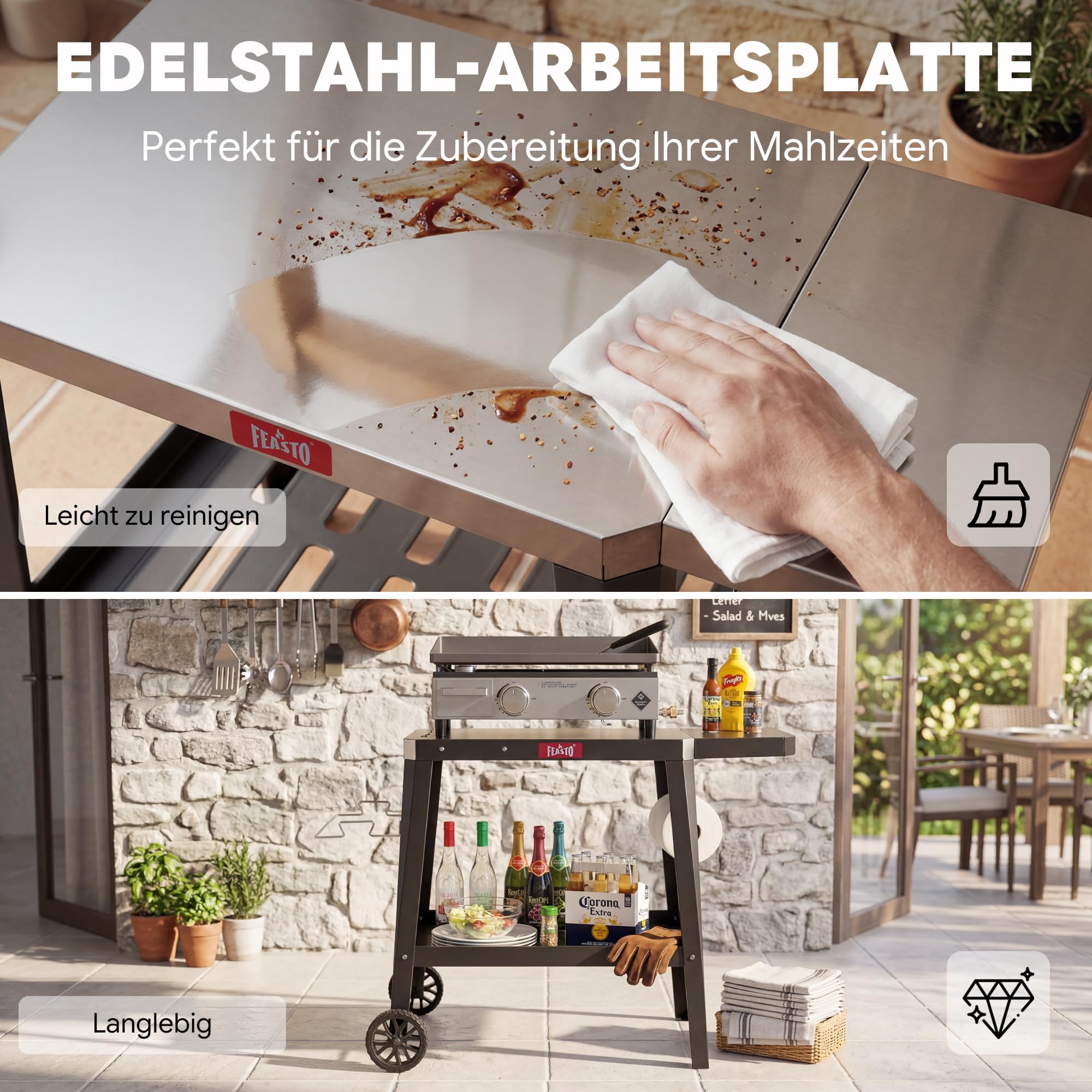 Feasto Grillwagen mit Klappbarem Beistelltisch, 95x67x80cm, grau