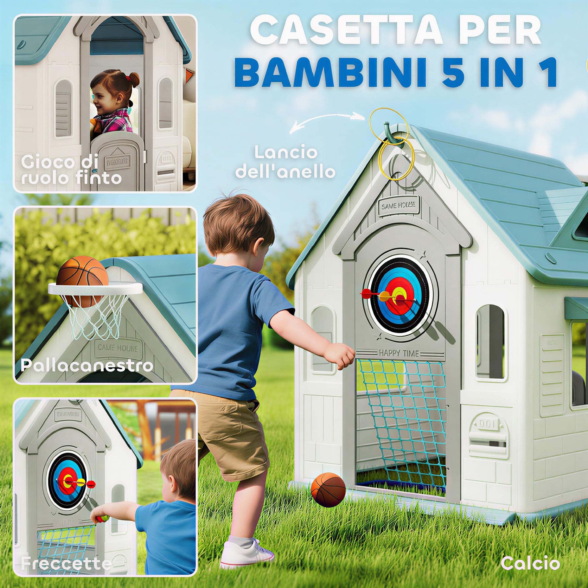 AIYAPLAY Casita Infantil Exterior e Interior 5 en 1, Casita Infantil de Jardín con Lanzamiento de Aros, Baloncesto, Fútbol, Dardos, Casa de Juegos para Niños de 2-5 Años, Beige