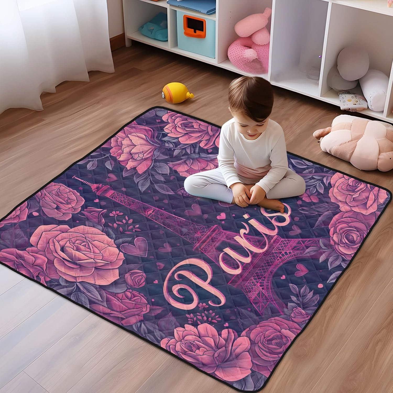 Qilmy Paris Eiffel Tower Baby Gyms Play Mat for Floor, Waterproof Soft Crawling Mat with Non-Slip Bottom, Lightweight Foldable Picnic Camping Mat for Infants, Toddlers, 50x50in