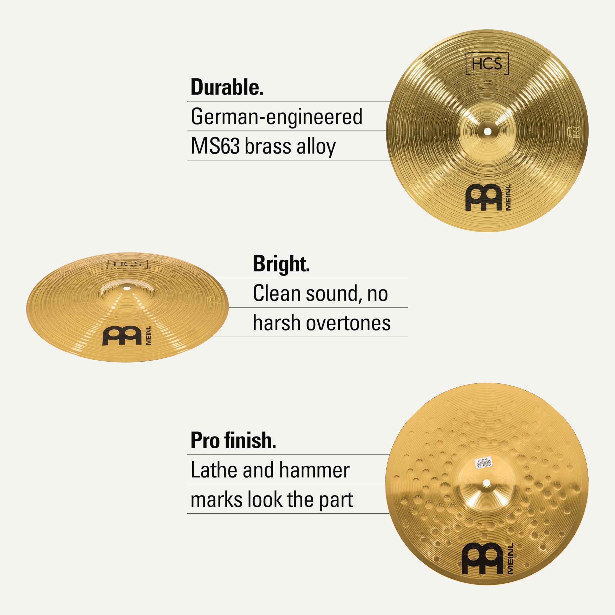 Meinl Cymbals HCS1314+10S Headliner Beckenset 33 cm (13 Zoll) Hihat, 35,6 cm (14 Zoll) Crash, Gratis 25,4 cm (10 Zoll) Splash und Gratis Meinl SB101 Drumsticks Paar