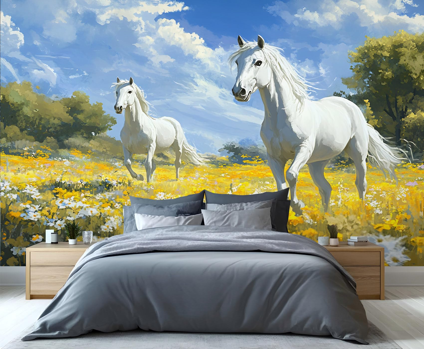 YXQAIED White Horse Wallpaper, Watercolor Floral Wallpapers for Living Room & Home Decor, Natural Landscape Wallpaper for Bedroom, 3D Print Wall Mural (Not Peel and Stick)