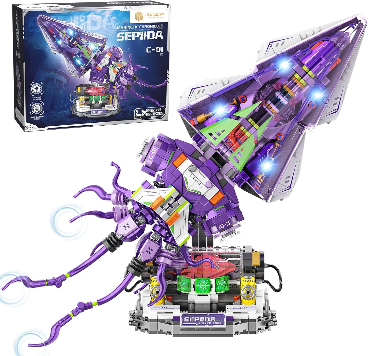 Mechanical Sepiida Building Sets for Adult, Ocean Animal Collection Toy with Display Stand and Light, Home Office Decor, STEM Creative Gift for Teens Kids Boys Girls 8-14, 975 PCS