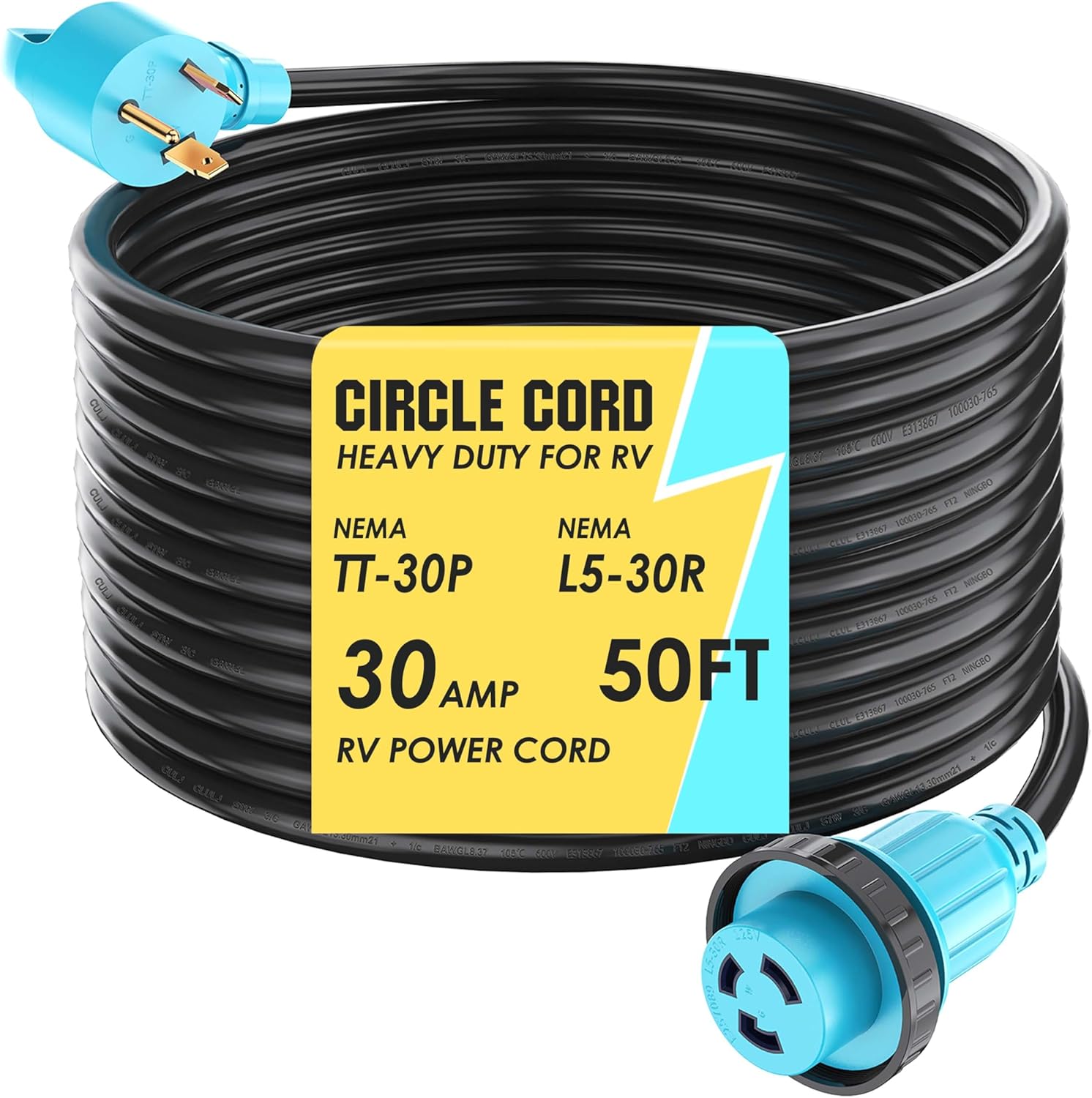 CircleCord 30 Amp 50 Feet RV Power Cord Twist Locking, Heavy Duty 10 Gauge 3 Wire STW Pure Copper Wire with Grip Handle, TT-30P to L5-30R with Cord Organizer for RV Trailer Campers