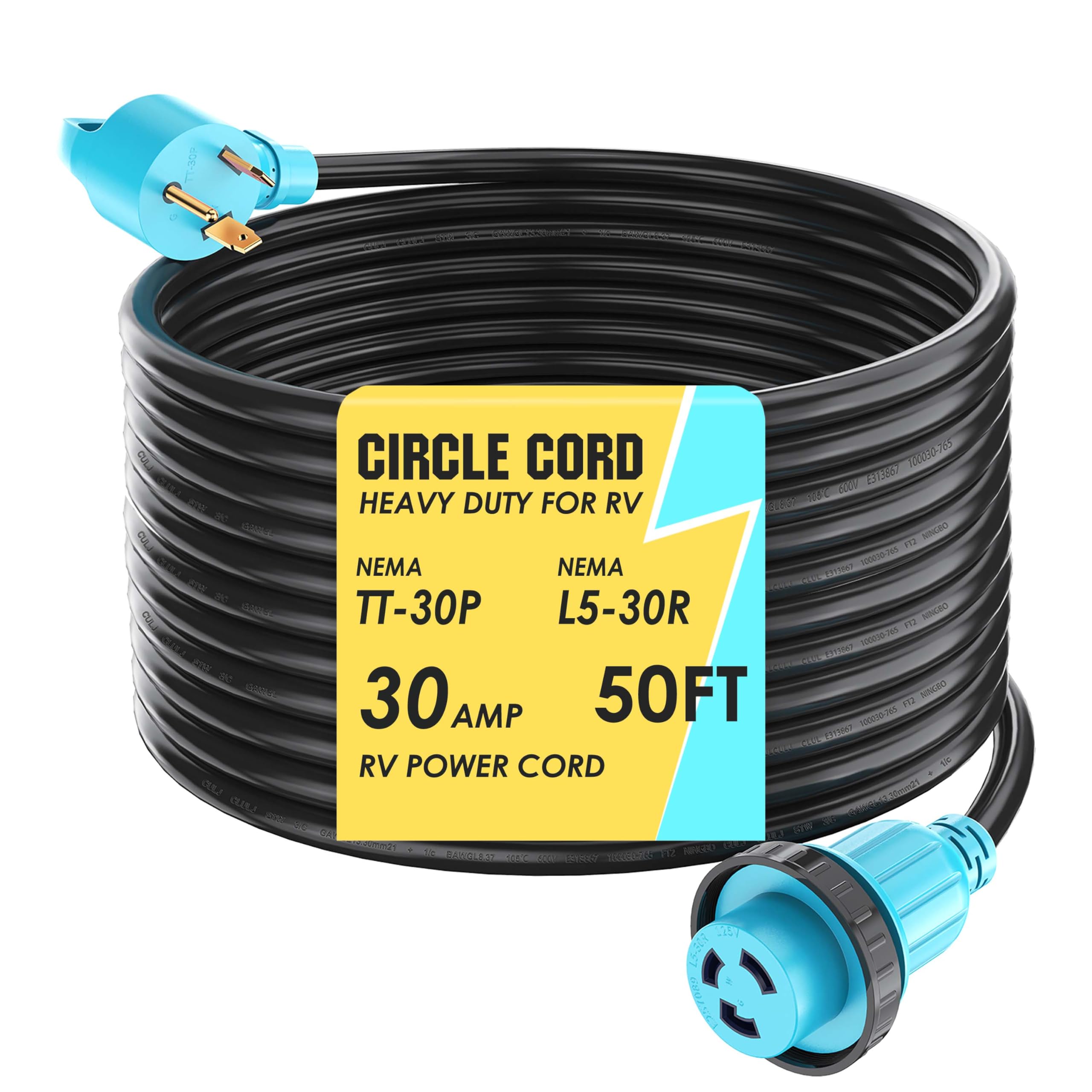 CircleCord 30 Amp 50 Feet RV Power Cord Twist Locking, Heavy Duty 10 Gauge 3 Wire STW Pure Copper Wire with Grip Handle, TT-30P to L5-30R with Cord Organizer for RV Trailer Campers