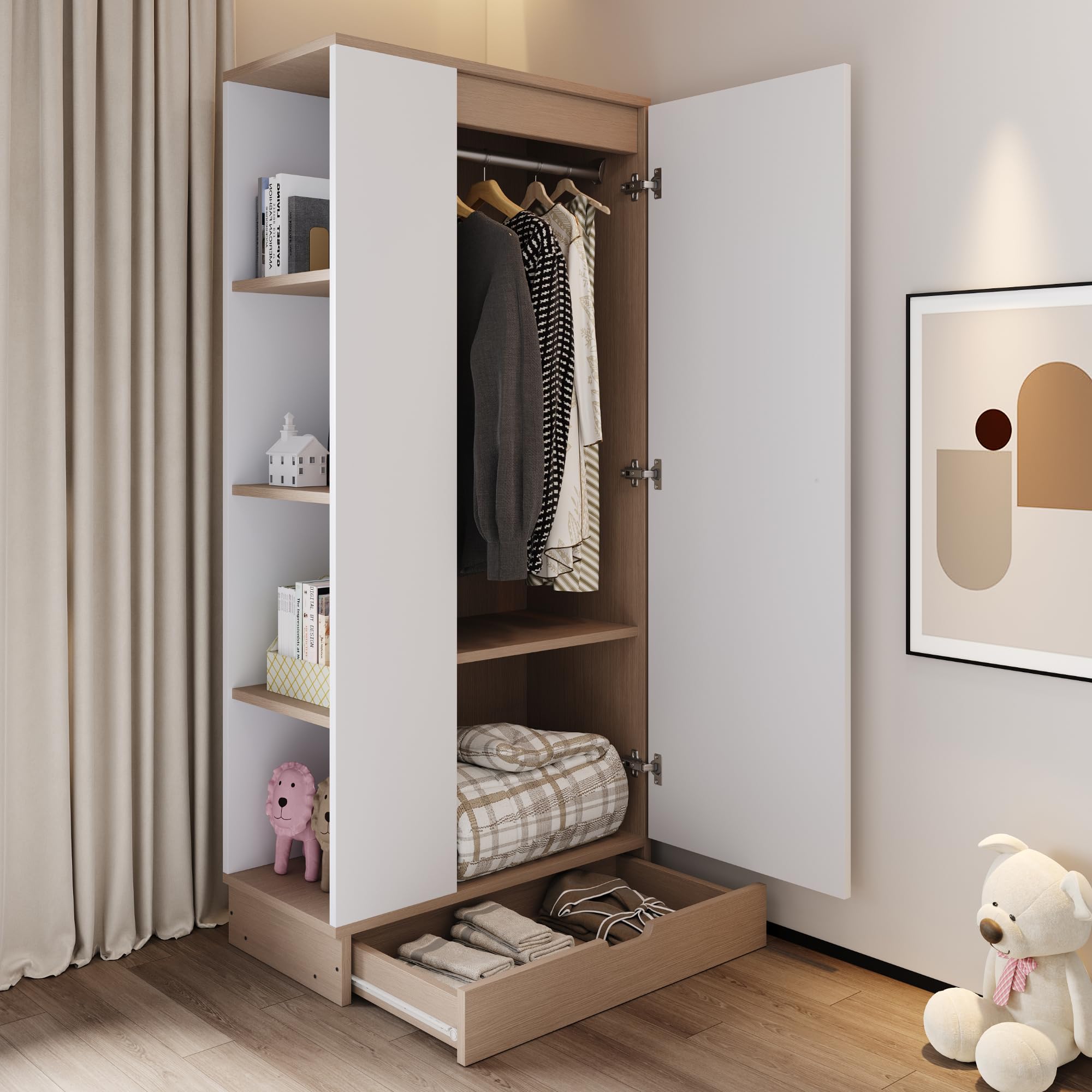 Armario de 70 x 40 x 170 cm, pequeño armario para habitación infantil, diseño de una puerta, armarios infantiles con estantes y cajones (blanco)