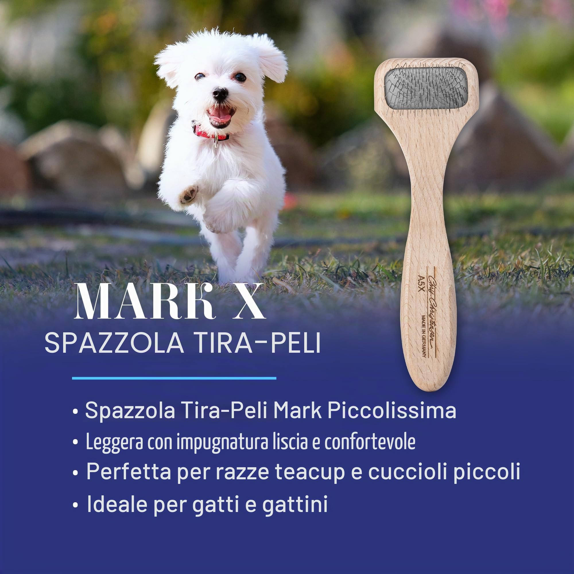 Chris Christensen Spazzola per Cani, Mark X Tiny Slicker, Groom Like a Professional, perni in Acciaio Inox, Corpo in Legno di faggio Leggero, Punte levigate e levigate