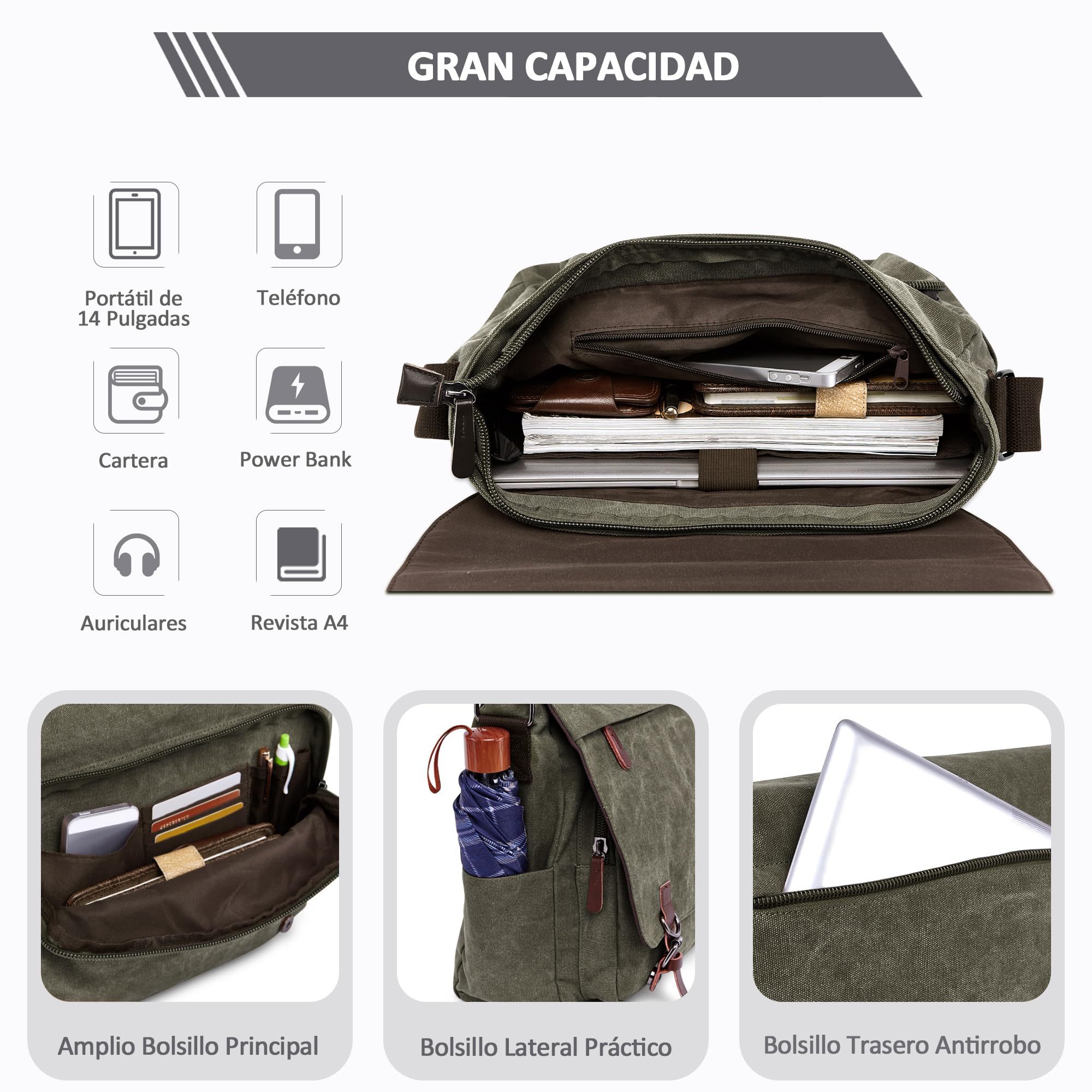 Moda Bolso de Bandolera Hombres Bolsa de Hombro Lona para Viaje Escolares Trabajo Bolsos 13.3 Pulgadas Portátil Cruzados Bolsa de Ordenador Hombres Lona Messenger Bag Verde