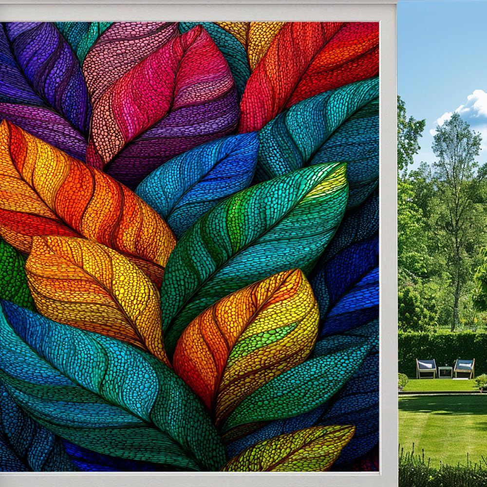 Pmlbaous Colorful Leaves Stained Glass Window Film, Natural Leaf Texture Artistic Peel And Stick Privacy Film, Frosted Adhesive Vinyl Decorative For Bathroom Windows Glass Doors, （80X120cm）