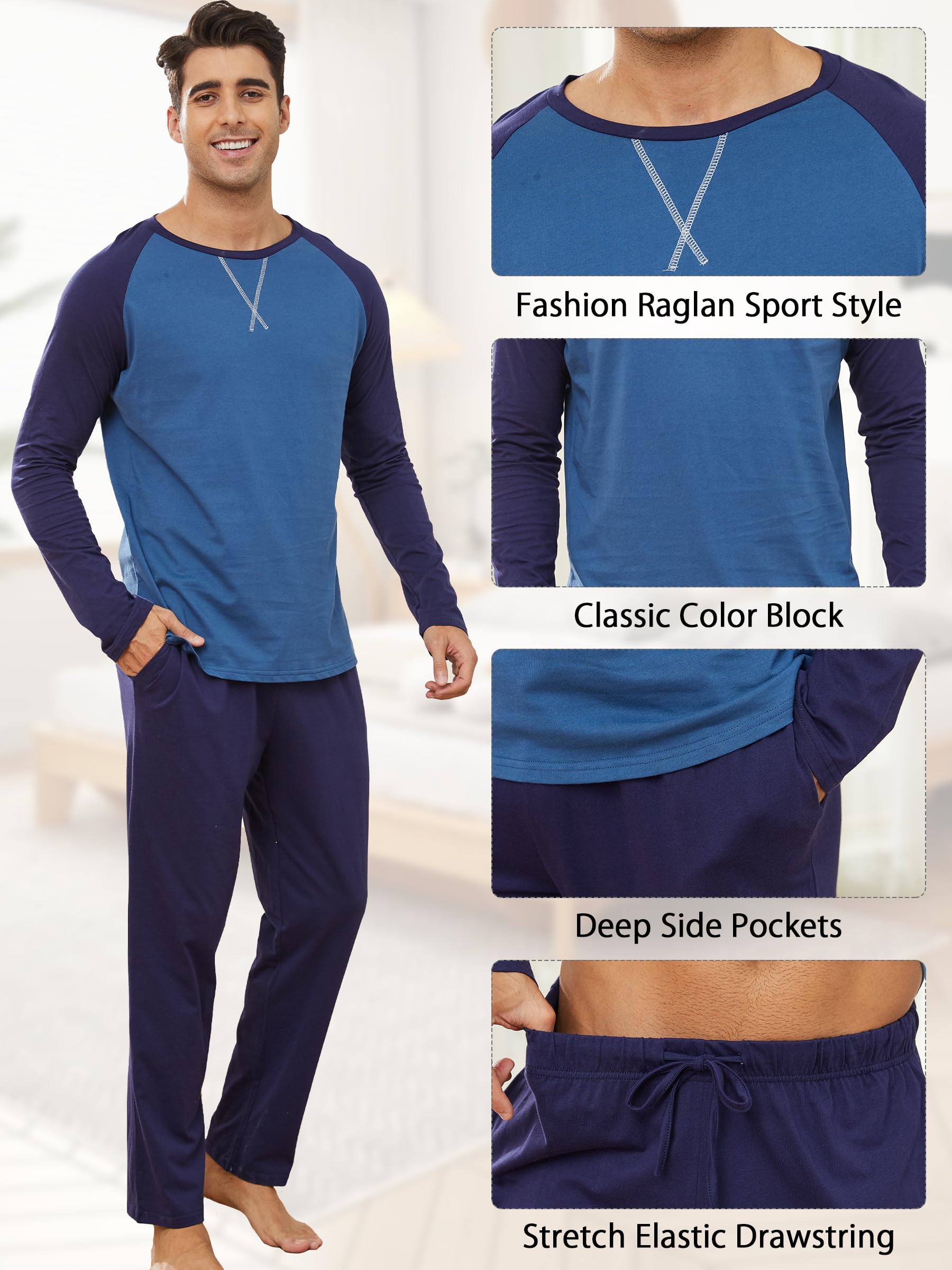 Reliwel Pigiama Uomo Cotone Leggero Pigiama Uomo Cotone Lungo Colori Contrastanti Girocollo a Maniche Lunghe e Pantaloni Due Pezzi Leggero Morbido