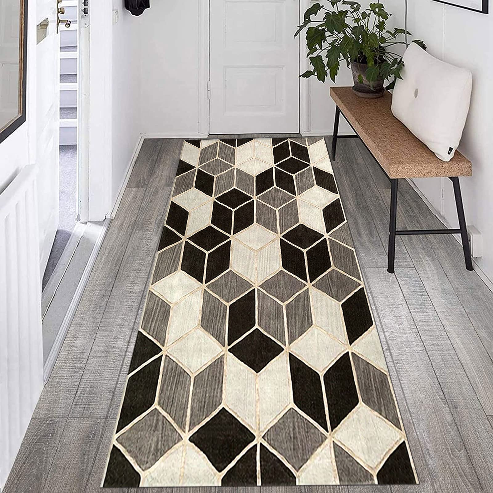 Tapis de couloir pour couloir et cuisine, antidérapant, lavable, motif géométrique moderne, patchwork à carreaux, tapis durable pour entrée et salon