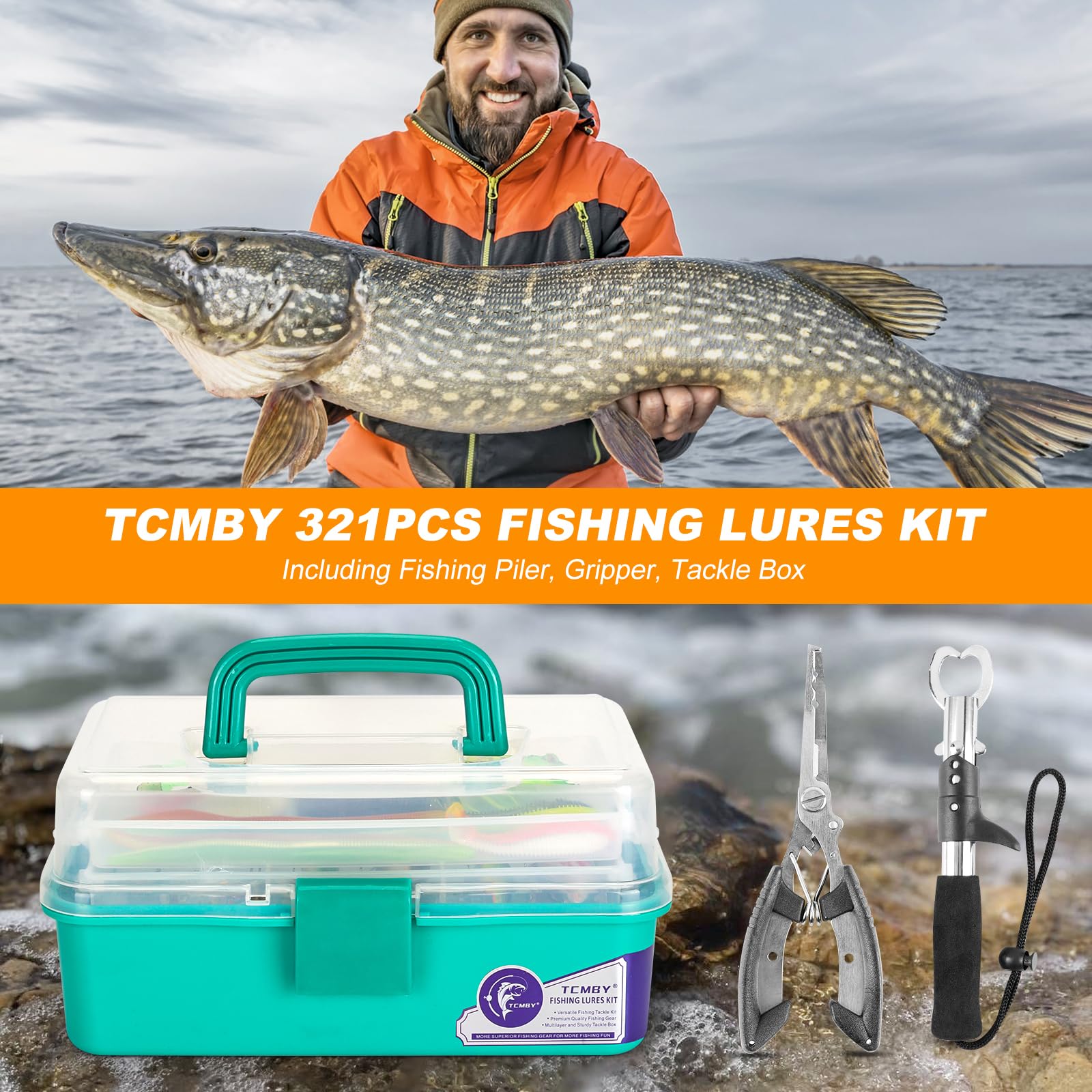 TCMBY 3 Layers Tackle Box with Tackle Included, 321Pcs Fishing Lures Kit Contains Pliers, Crankbait, Hooks, Weights & Accessories, Fishing Gear Bait Lure Gifts for Men Bass Freshwater (Green)