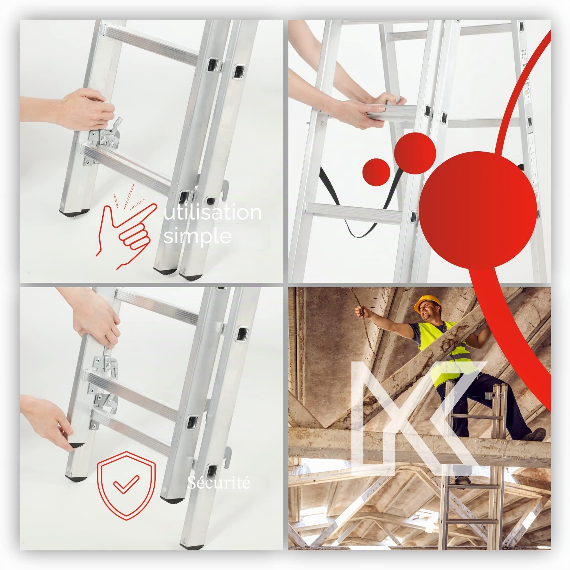 KADAX Échelle Transformable de 3 Plans, Échelle Coulissante en Aluminium, Échelle Double pour Travaux Domestiques et Professionnels (6 Marches)
