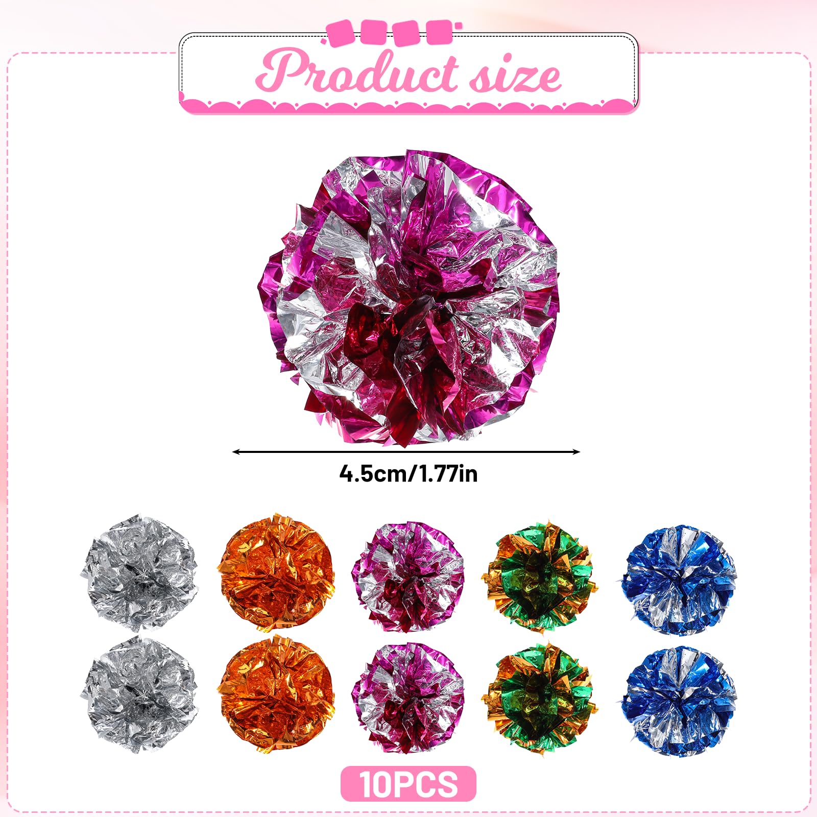 Cat Crinkle Toys, 10 PCS Crinkle Balls for Cats 1.8'' Cat Ball Toy Shiny Ball Lightweight Mylar Pet Pounce Chase Toys Assorted Color Interactive Toy for Indoor Cats to Kill Time and Keep Fit