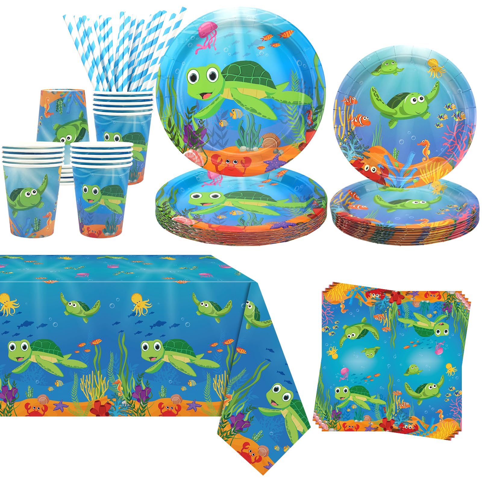 Obussgar Turtle Party Decoration - Turtle Birthday Party Tableware Supplies Includes Plates, Cups, Napkins, Tablecloth, Straws - Serves 20