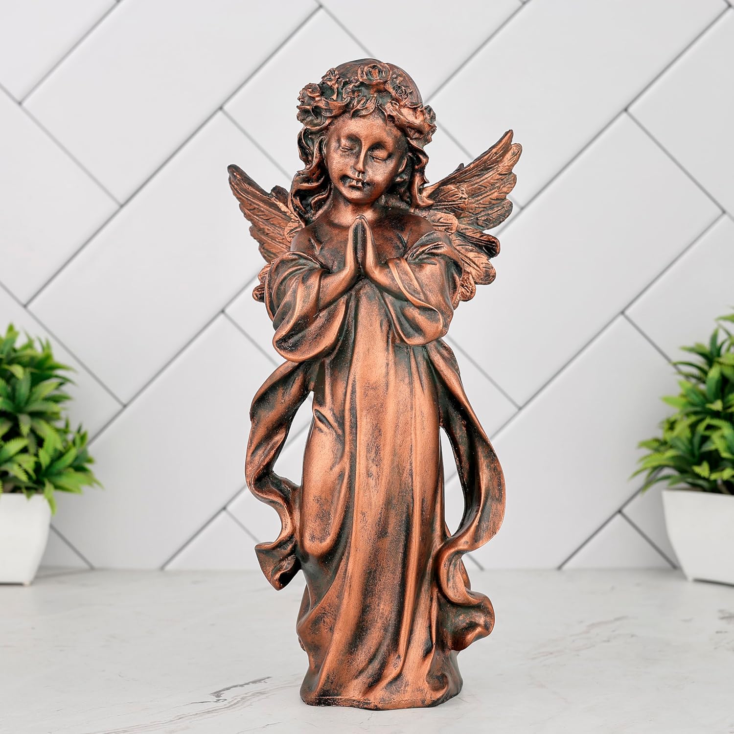 Global Grabbers Praying Angel Statue for Good Luck Showpiece Home Decor Items for Living Room and Gifts-(Antique Copper)