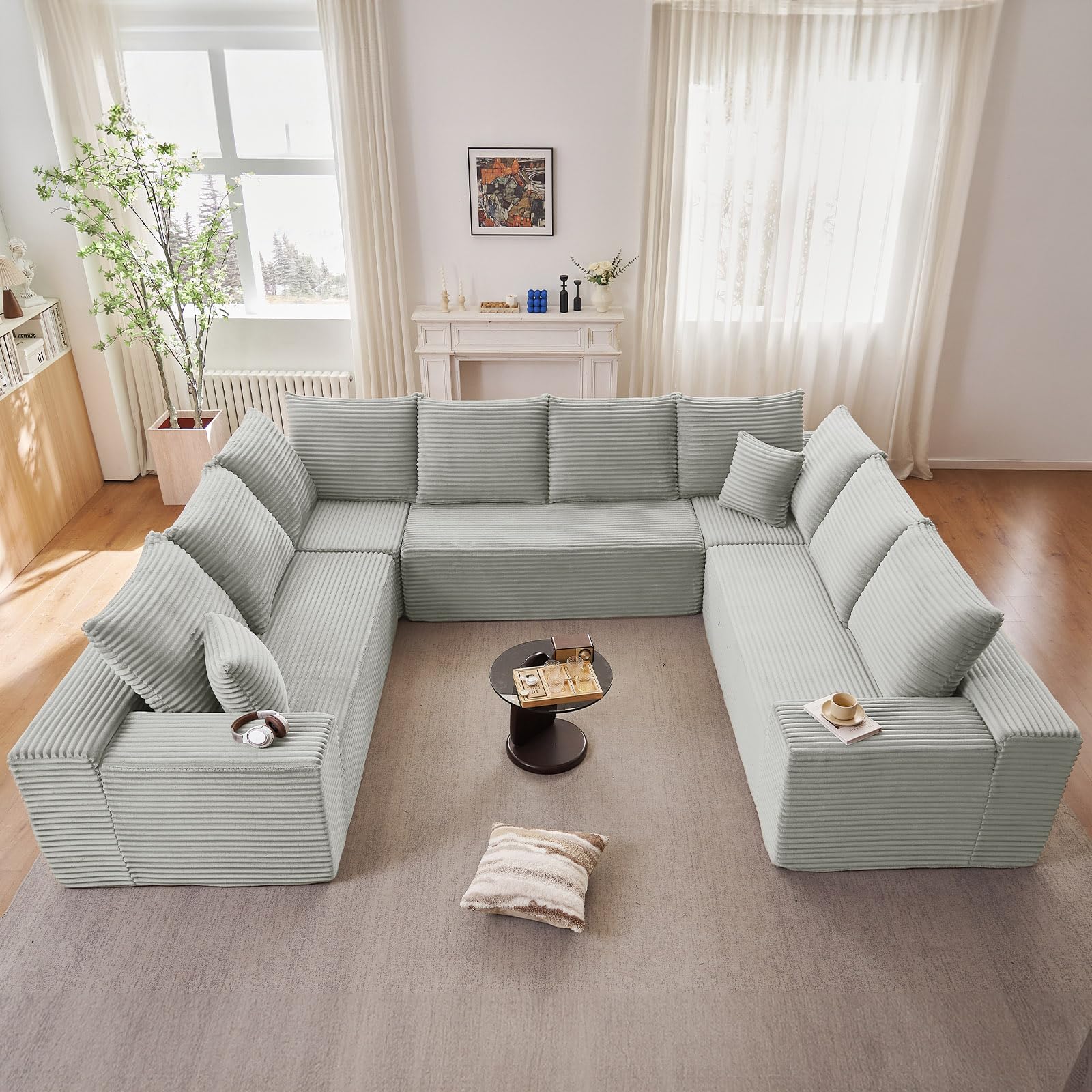 Oversized Modular Sectional Sofa Couch, Large 8 Seater Corner Sofa Modern U Shaped Sectional Couch Cloud Couches for Living Room, Office, Spacious Space, Corduroy,No Assembly Required, Light Grey