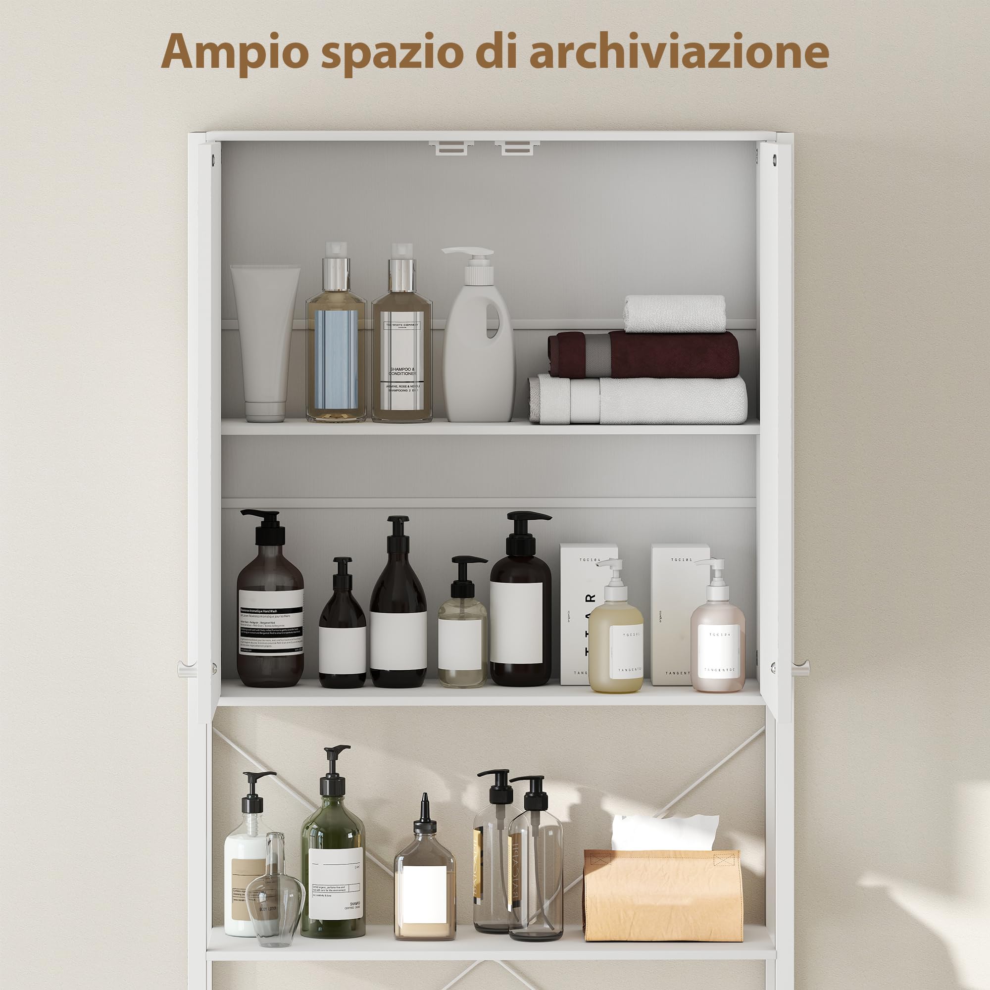 HOMCOM Mobile Bagno Sopra WC con Armadietto e Ripiano Aperto, Mobile Sopra Lavatrice Salvaspazio con Gambe in Metallo, per Bagno e Lavanderia, 64x20x180 cm, Bianco