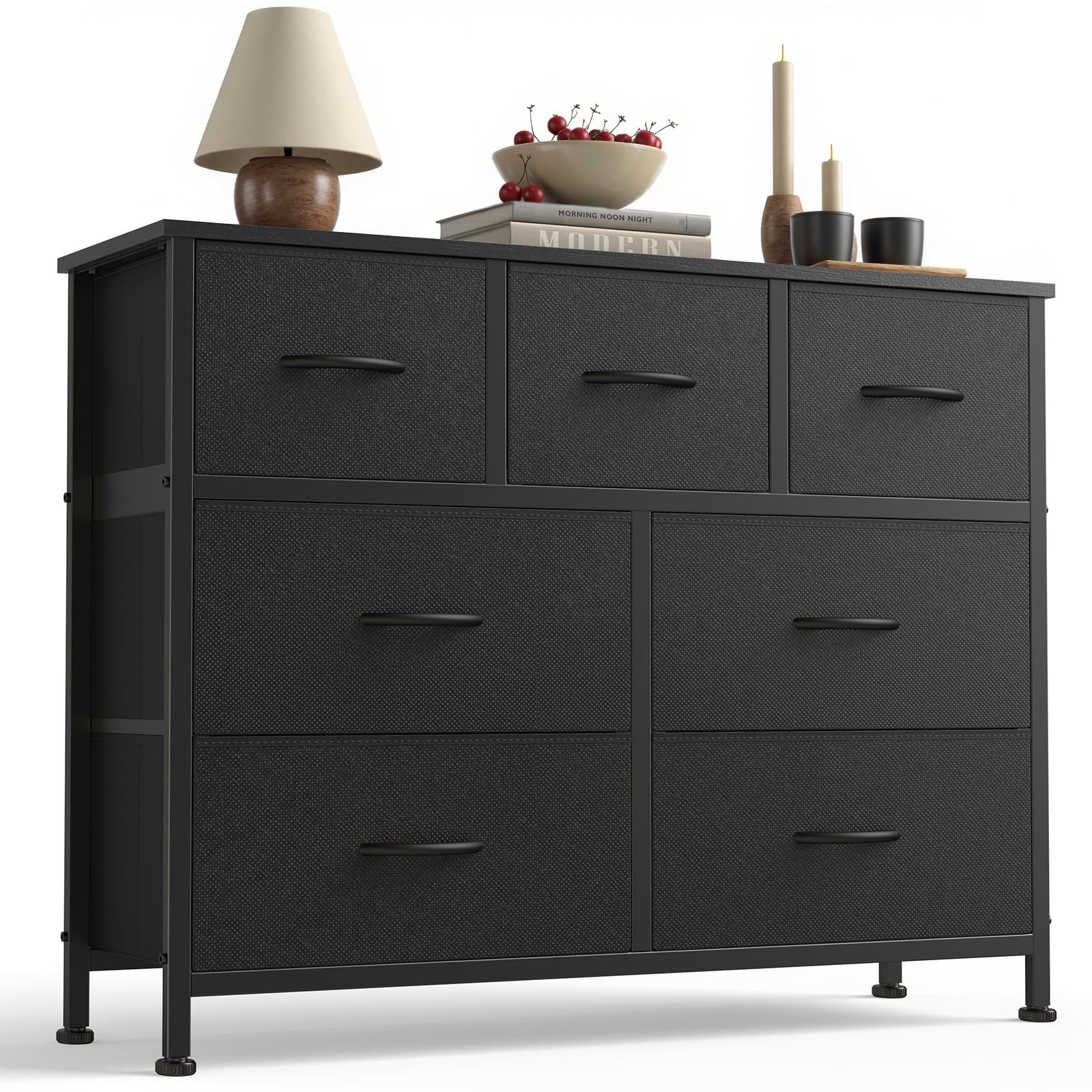 sweetcrispy 7 drawer dresser with fabric bins fabric storage tower organizer for bedroom closet hallway entryway tall chest of drawers with steel frame wood top easy pull handles,black