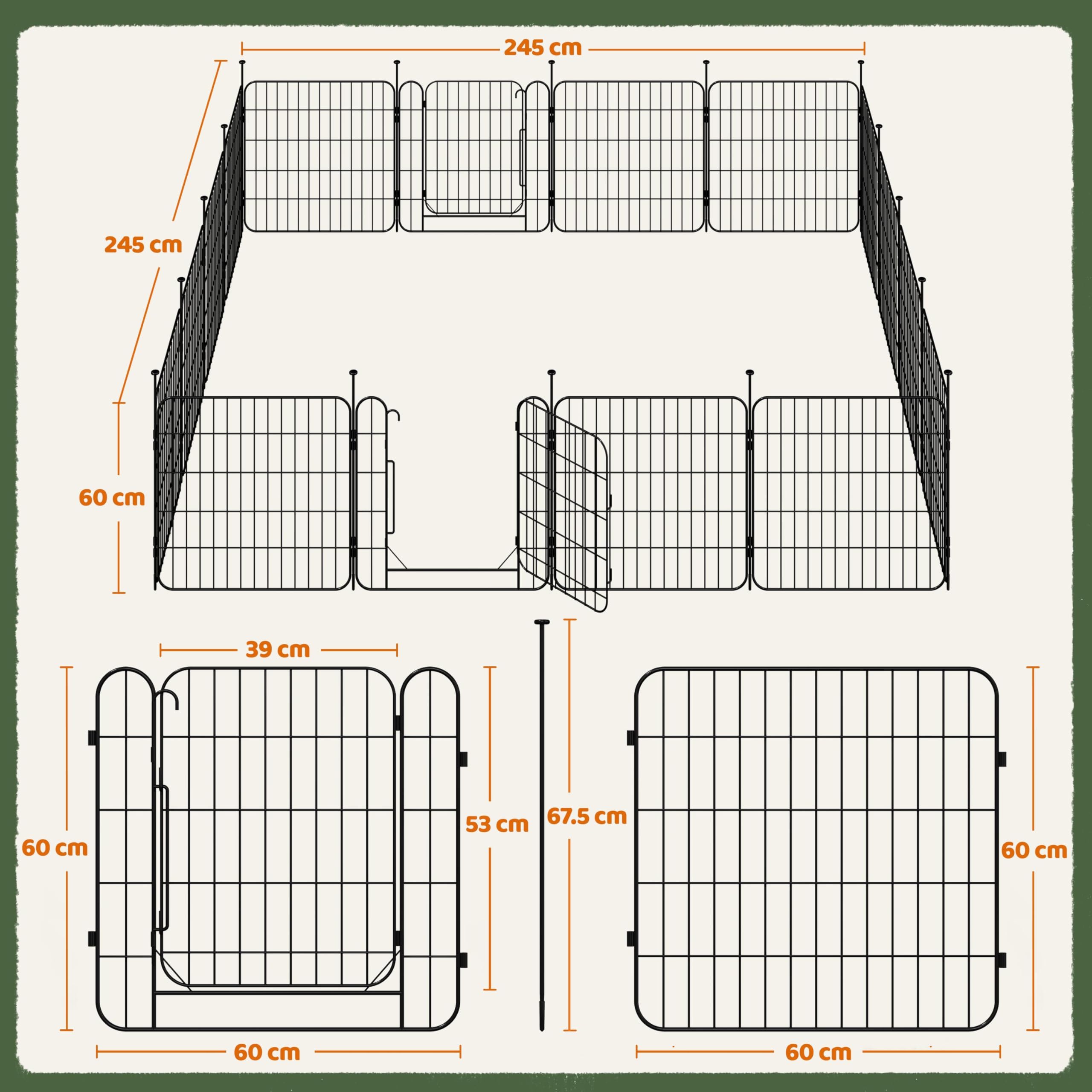 Yaheetech 16 Paneles Parque para Perros 60 x 60 cm con 2 Puertas Recinto Interior Reja Plegable para Cachorros y Conejos Perreras de Metal para Exterior con Estacas, Punta Ovalada y Plana