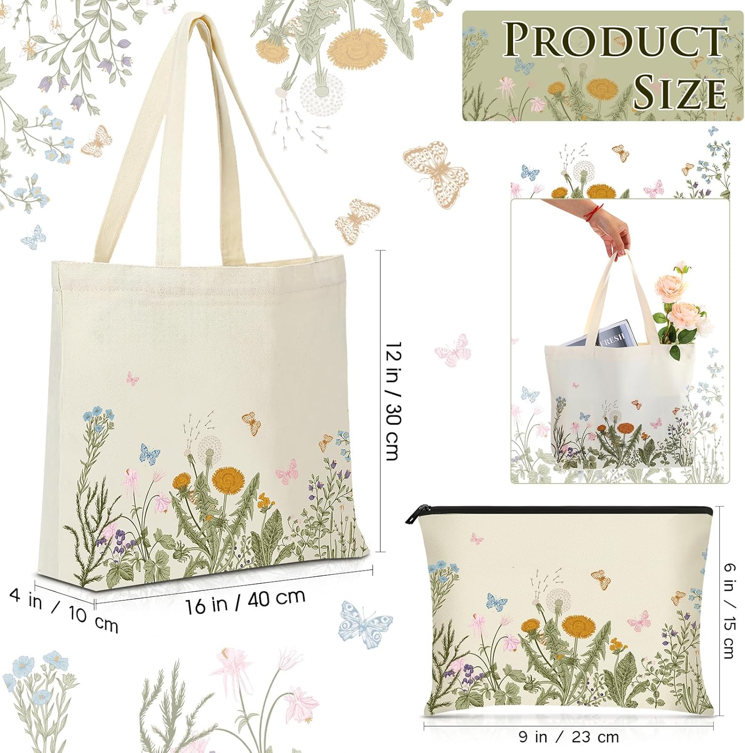 Sadnyy 2 Pcs Butterfly Aesthetic Canvas Tote Bags with Makeup Zipper Pouch for Women Valentine Galentine Cute Floral Reusable Shoulder Tote Bag for Teacher Beach Shopping Travel Work Gym Grocery - Image 4