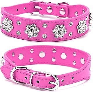 Rhinestone Dog Collar, Cute Flower Rhinestone Cat Dog Collar Bling Collar PU Leather Collar Adjustable Sizes Small Medium Large (M, Hot Pink)