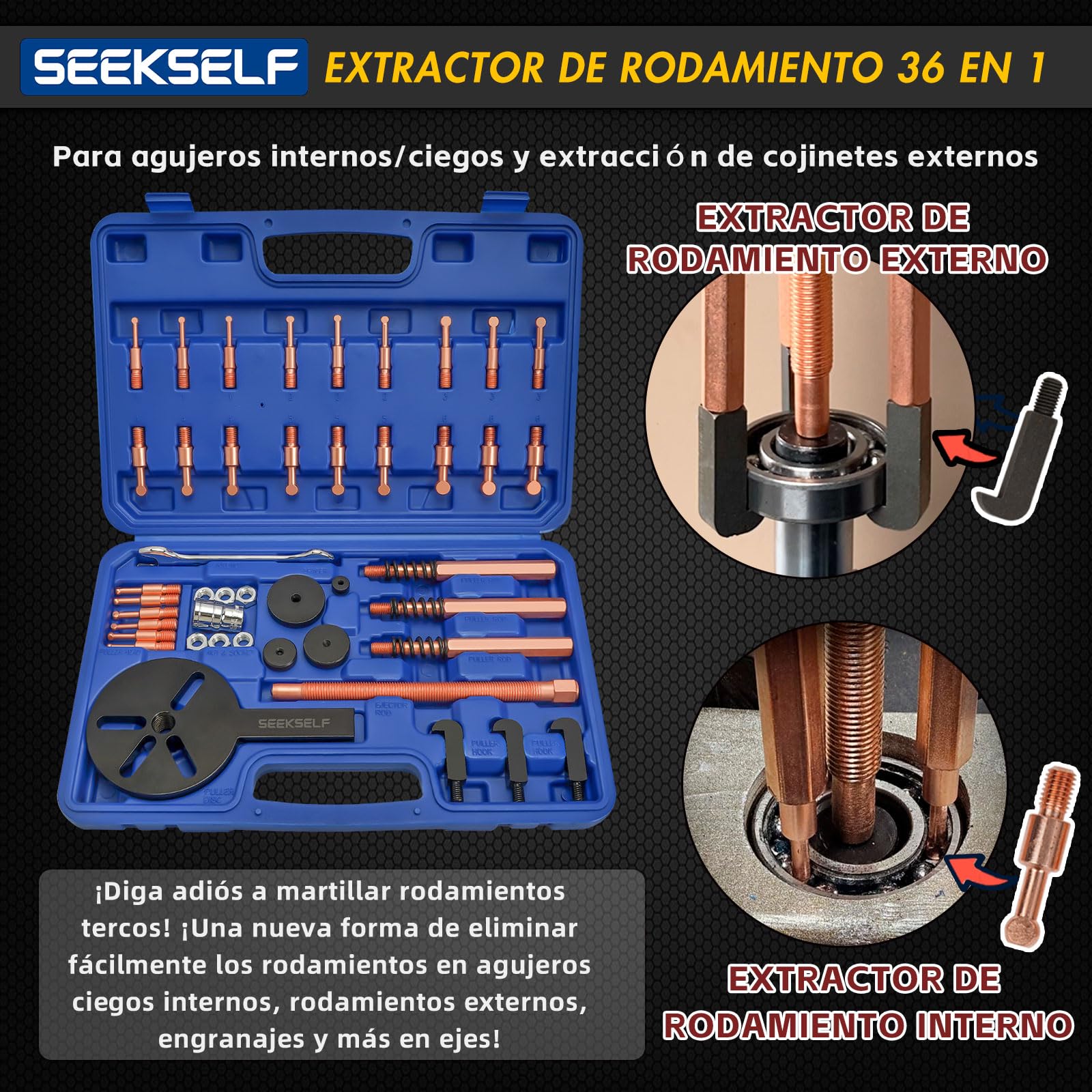 Juego de Extractor de Rodamientos 36 en 1, Kit de Separación de Rodamientos Interiores, Herramienta de Extracción de Rodamientos de Agujero Ciego, Extractor de Engranajes de Desmontaje