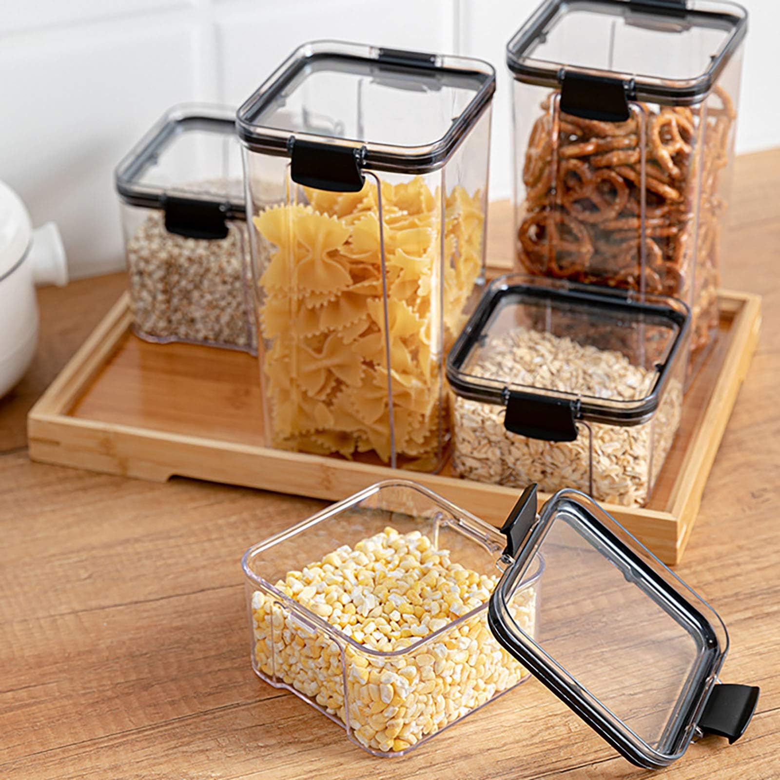 Generic Food Storage Container with Lids, Clear Pantry Canister Set, Airtight, Stackable, Dry Foods, Snacks, Grains, Flour, Sugar, 3350ml, Medium, Rectangular, Black