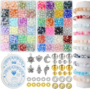 Glass Beads Bracelet Making Kit, 8mm 1610pcs 48 Colors Crystal Beads | Jewelry Making Round Glass Bead with Spacer Bead and Charms for Bracelets and DIY Crafts, Two-Color Beads and Crackle Colors