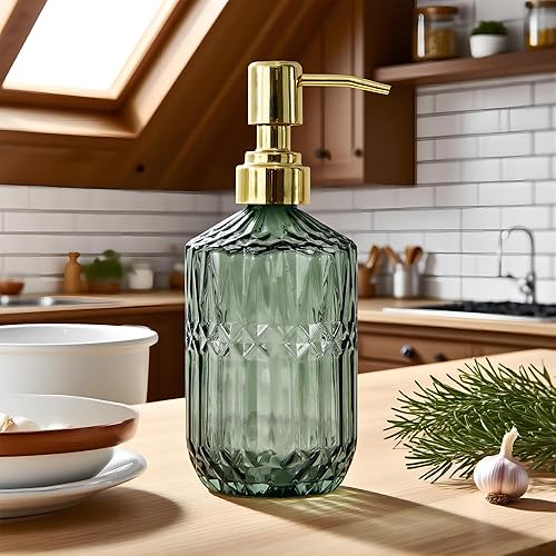 Miniatura 2 de Dispensador de jabón de vidrio verde de 18 onzas, dispensador de jabón de vidrio grueso para cocina recargable, dispensador de jabón de vidrio
