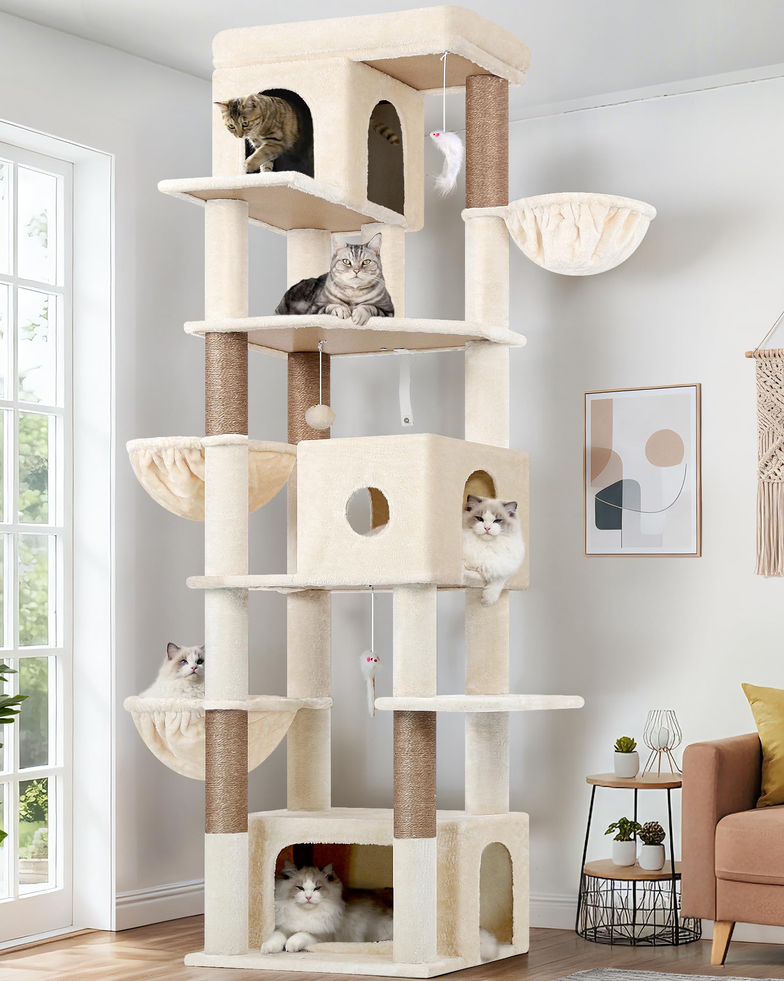 Photo 1 of Globlazer Large Cat Tree, 80 inch Multi-Level Tall Climbing Tower Kitty Condos Cat Scratching Tower for Indoor Multiple Large Adult Cats Kittens with 3 Cat Caves, 3 Hanging Baskets, F80F, Beige