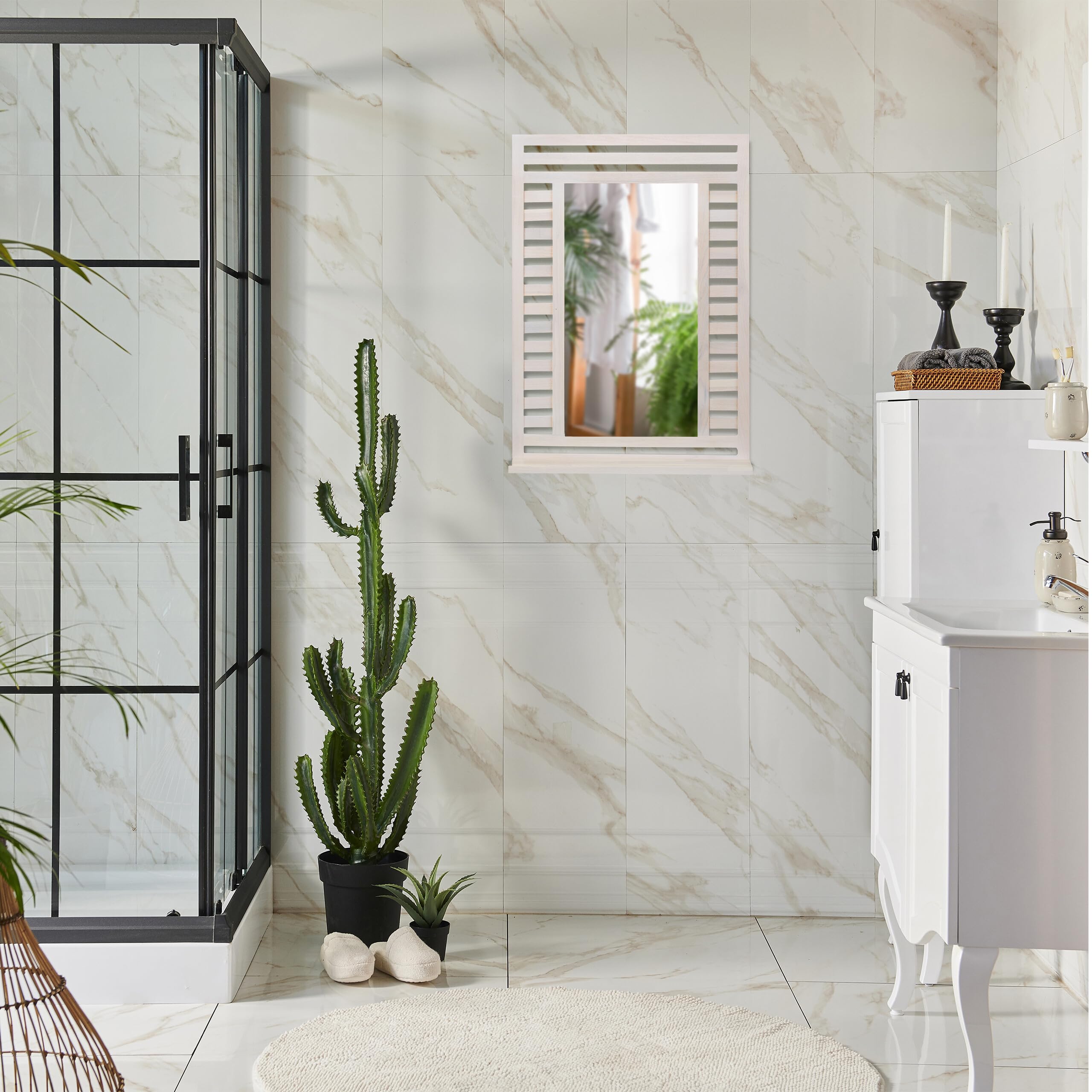 Relaxdays Espejo Baño con Estante, de Pared, Marco de Madera de Nogal, Rectangular, 70 x 50 x 12 cm, Colgante, Blanco