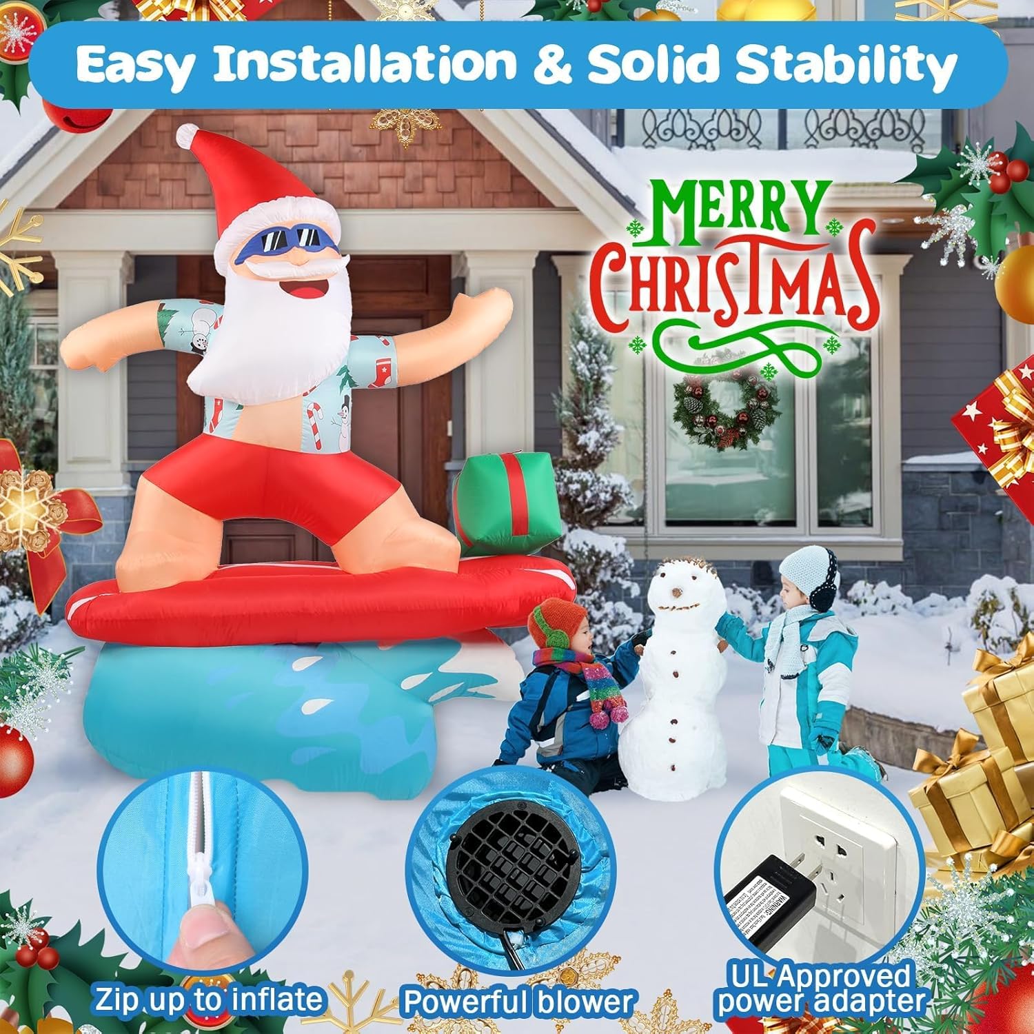 Christmas Inflatable Santa Claus Decorations Outdoor 6.5FT Hawaiian Surfing Giant Large Tall Funny Blow up Xmas Yard Decoration Led Light Décor for Indoor Outside Holiday Party Garden Lawn