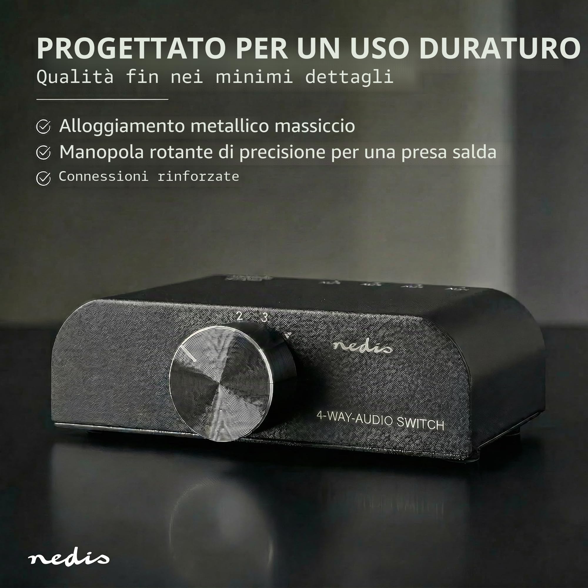 Nedis Interruttore audio analogico | 4 porte porte (s) | Connettori – Ingresso: 1 ingresso audio da 3,5 mm / 3 x (2 x RCA femmina) | Connettori – Uscita: 1 x (2 x RCA femmina) | Manuale | Metallo |
