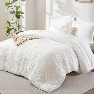 CozyLux Queen Seersucker White Comforter Set 7-Piece Bed in a Bag with Sheets - Soft All-Season Microfiber Bedding