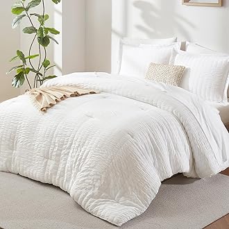 CozyLux King Size Comforter Set White Seersucker 7 Pieces Bed in a Bag King Comforter Set with Sheets, Luxury Soft Bedding Set with Down Alternative Comforter, Sheets, Pillowcases & Shams All Seasons