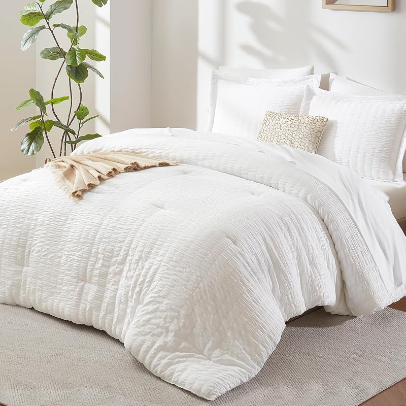 CozyLux King Size Comforter Set, 7 Pieces White Seersucker Bed in a Bag
