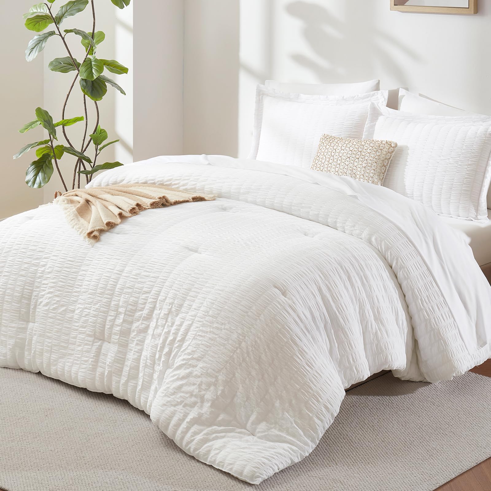 CozyLux King Size Comforter Set White Seersucker 7 Pieces Bed in a Bag King Comforter Set with Sheets, Luxury Soft Bedding Set with Down Alternative Comforter, Sheets, Pillowcases & Shams All Seasons
