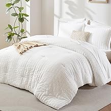 CozyLux Queen Comforter Set White Seersucker 7 Pieces Bed in a Bag Queen Comforter Set with Sheets, Luxury Soft Bedding Set with Down Alternative Comforter, Sheets, Pillowcases & Shams for All Seasons