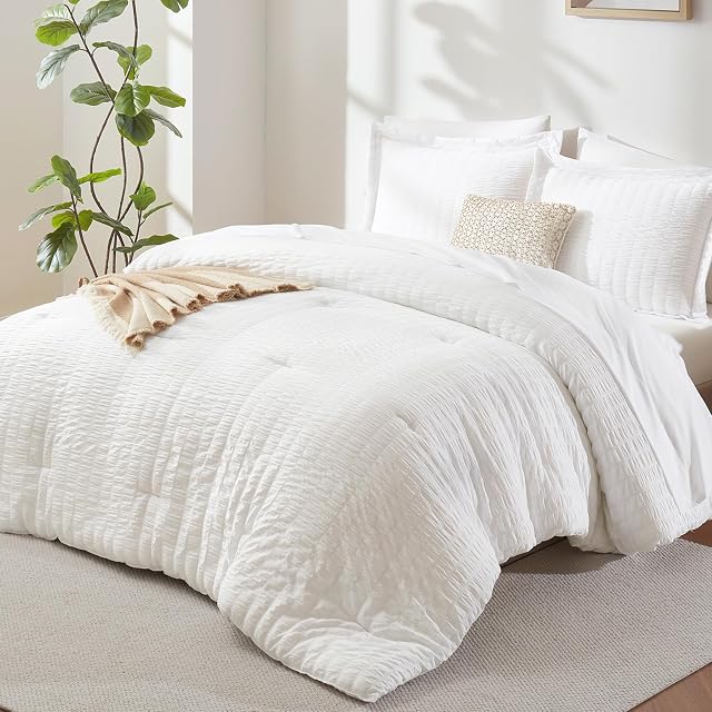 CozyLux Queen Comforter Set White Seersucker 7 Pieces Bed in a Bag Queen Comforter Set with Sheets Luxury