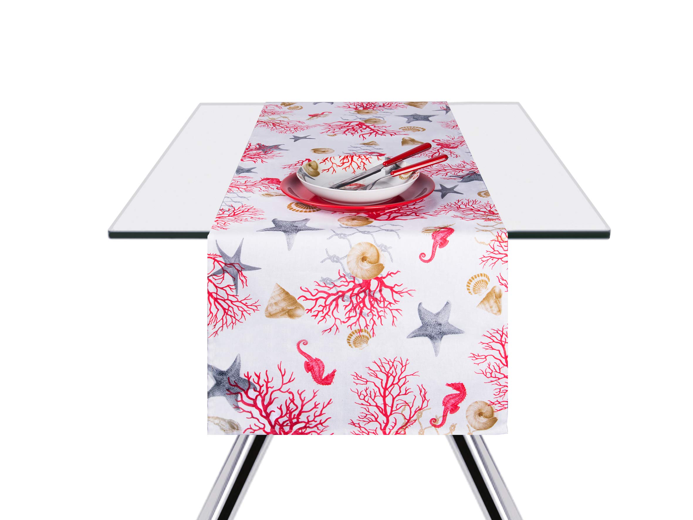 Excelsa Table Runner, Cotton, Bianco Con Decoro Corallo, 45x140