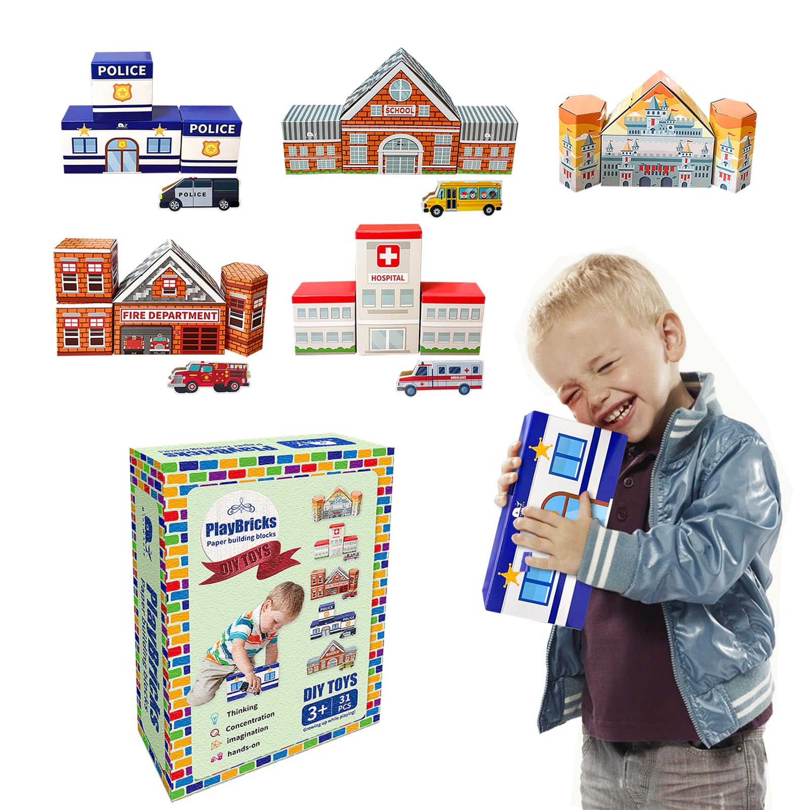 Cardboard Building Blocks, 31 Pack for Kids Jumbo With 5 Building Designs, Thick Pretend Brick Blocks for Building and Stacking Game