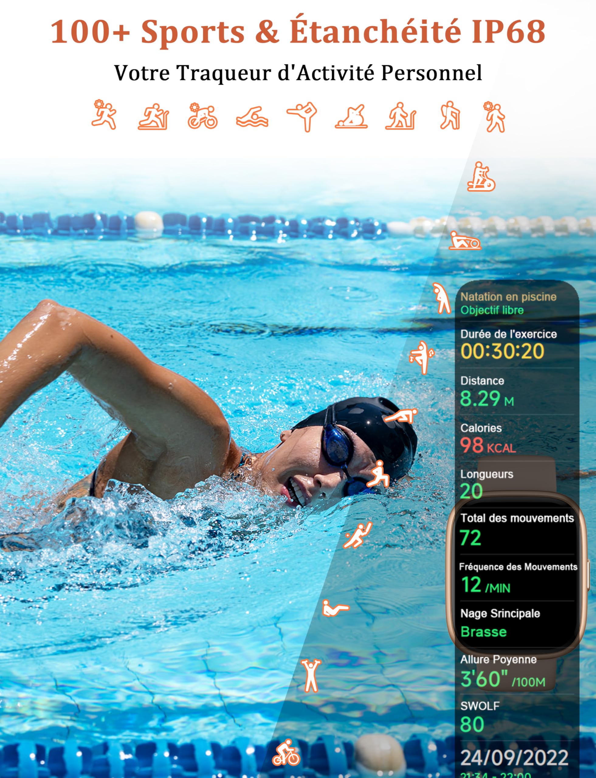 LODIMEKE Montre Connectée pour Samsung Apple Xiaomi, Appel Bluetooth, Montre Étanche Natation IP68, 1,83" Smartwatch Femme Homme, 100+ Sports, Fréquence Cardiaque, Pression, Sommeil, Fitness Tracker