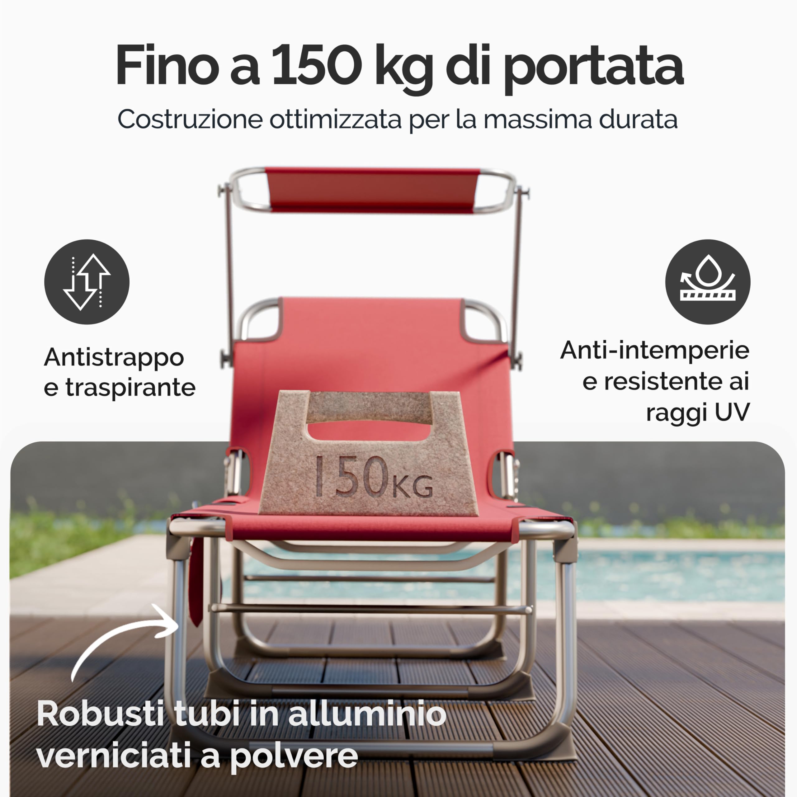 CASARIA® Lettino Ibiza 190x59cm Carico Max 150 Kg Pieghevole Sdraio Alluminio Prendisole Mare Giardino con Tettuccio Trasportabile