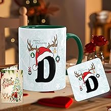 Christmas Alphabet Word Printed Ceramic Mug With Coaster and Greeting Card 330 ml, Xmas Coffee Cup Gift for Kids Boy Girls (CH-Green ALP-D)