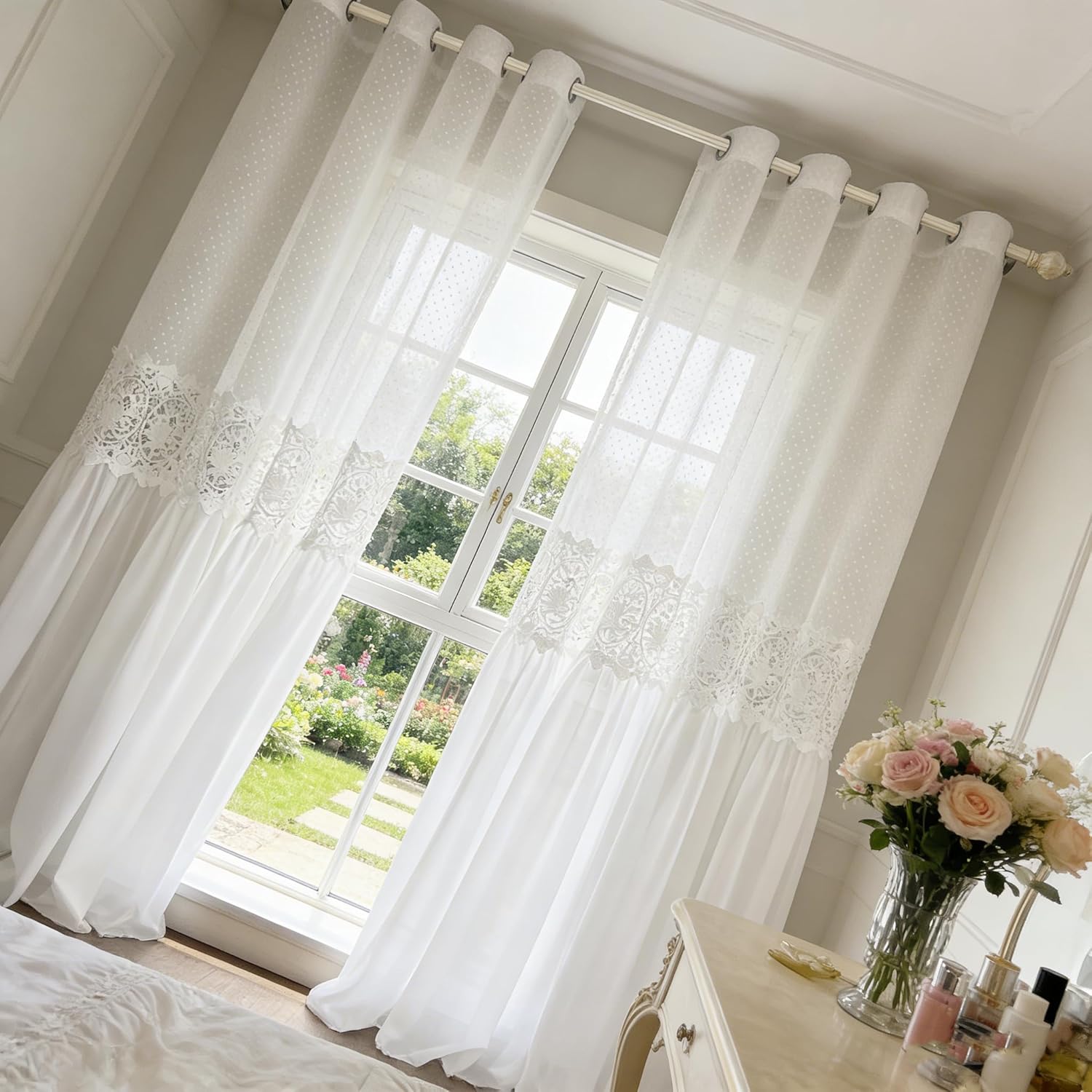 Luxury White Pom Pom Sheer Curtains for Living Room Bedroom Hollow Embroidered Lace Curtains Ruffle Light-Filtering Pompom Tulle Drapes for Window Grommet Top 2 Panels (W55 L84 inch,White)