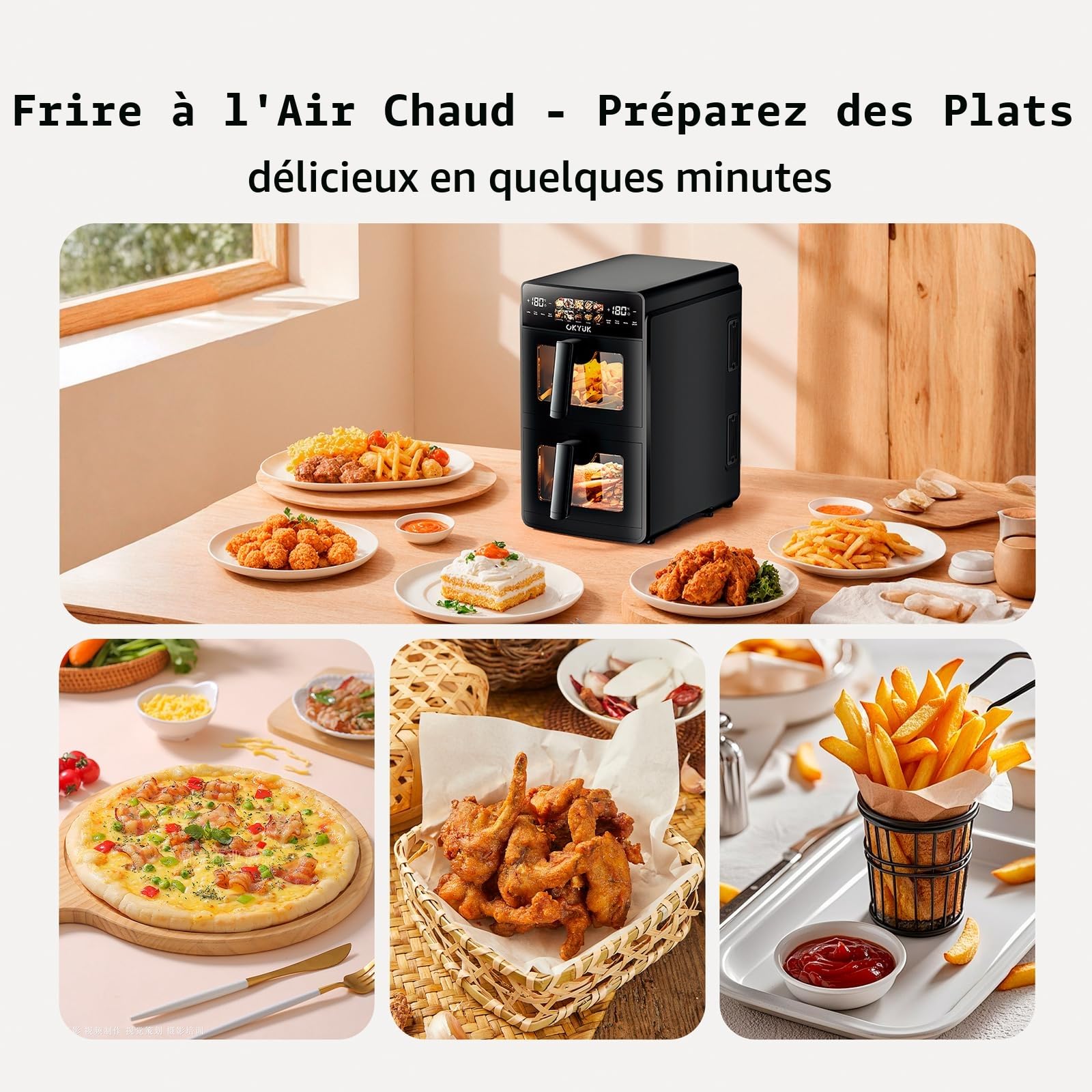 Air Fryer 2 Compartiments 10L, Friteuse à Air sans Huile Airfryer avec Fenêtre de Visualisation - Friteuses Double 10 Programmes Prédéfinis, Robot Cuisine Multifonctions et Accessoire Cuisine Idéal