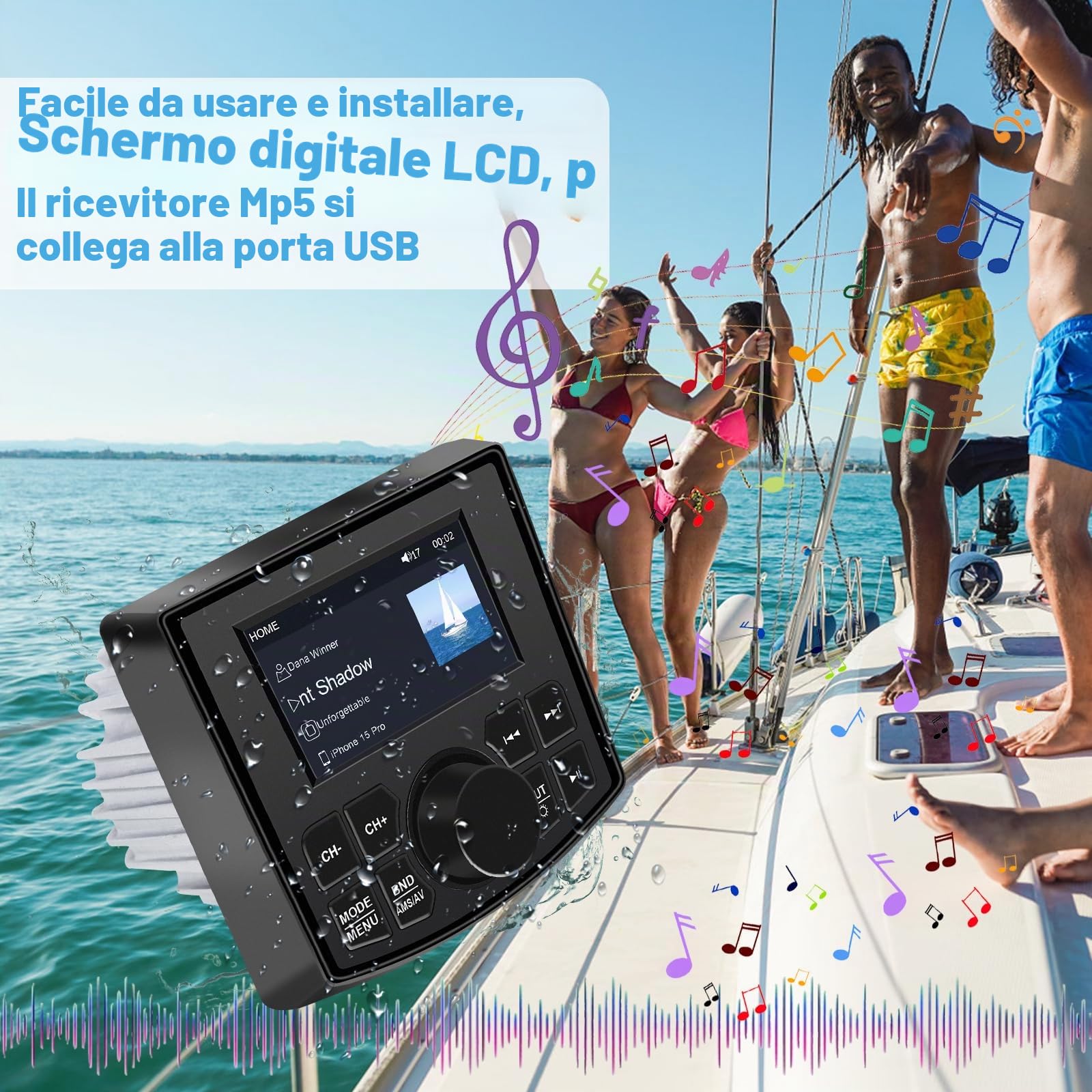 Geloo FM/AM Radio Marine Stereo Barca Marino Autoradio Impermeabile per Barca Nautica, MP5 Player Universal con 4 Pollici Digitale Display per Barche, Yacht, Golf Cart, ATV, Camper,SUV