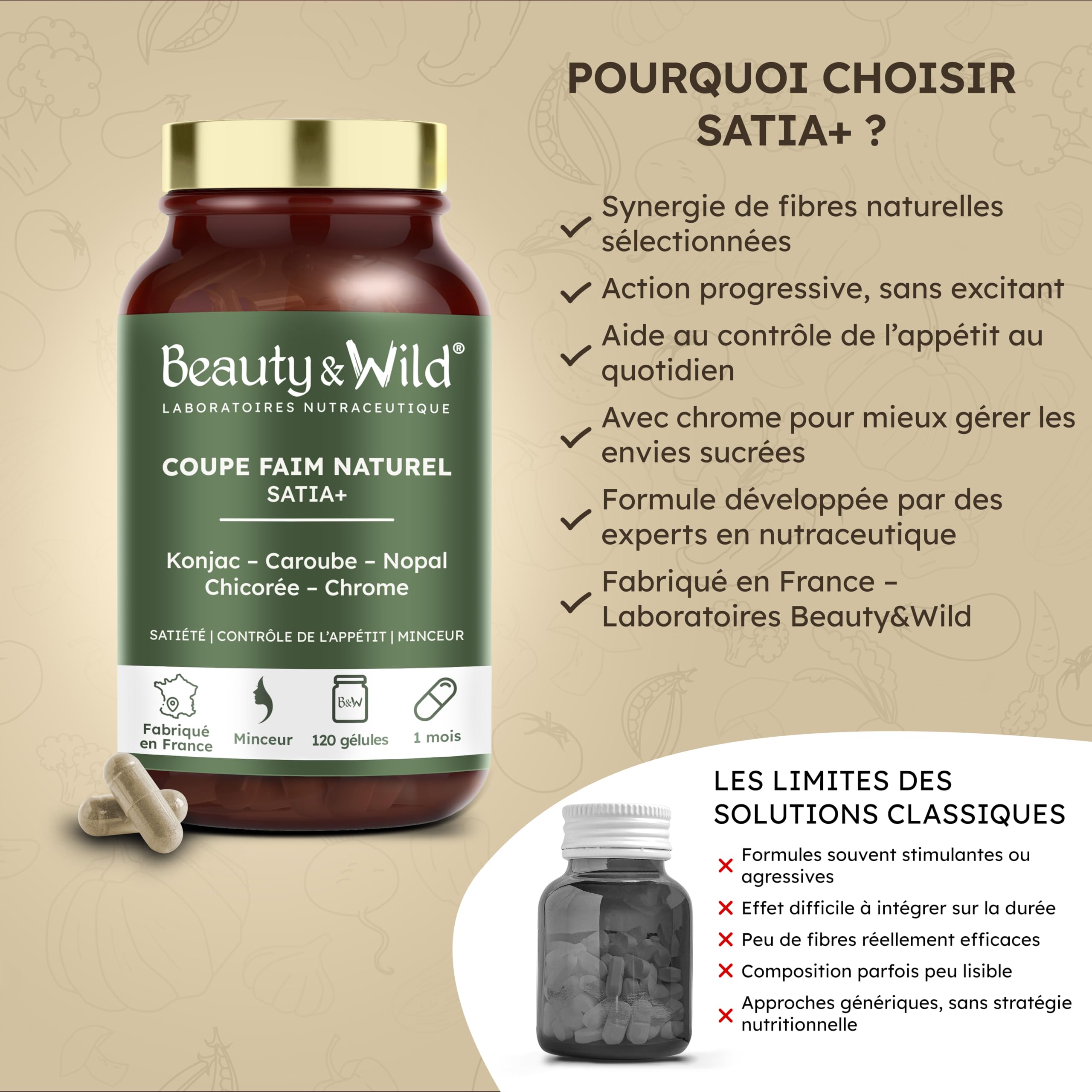 Beauty&Wild Coupe Faim Naturel SATIA+ – Konjac, Nopal, Caroube, Chrome, Contrôle de l’Appétit et Satiété, 120 Gélules, Fabriqué en France