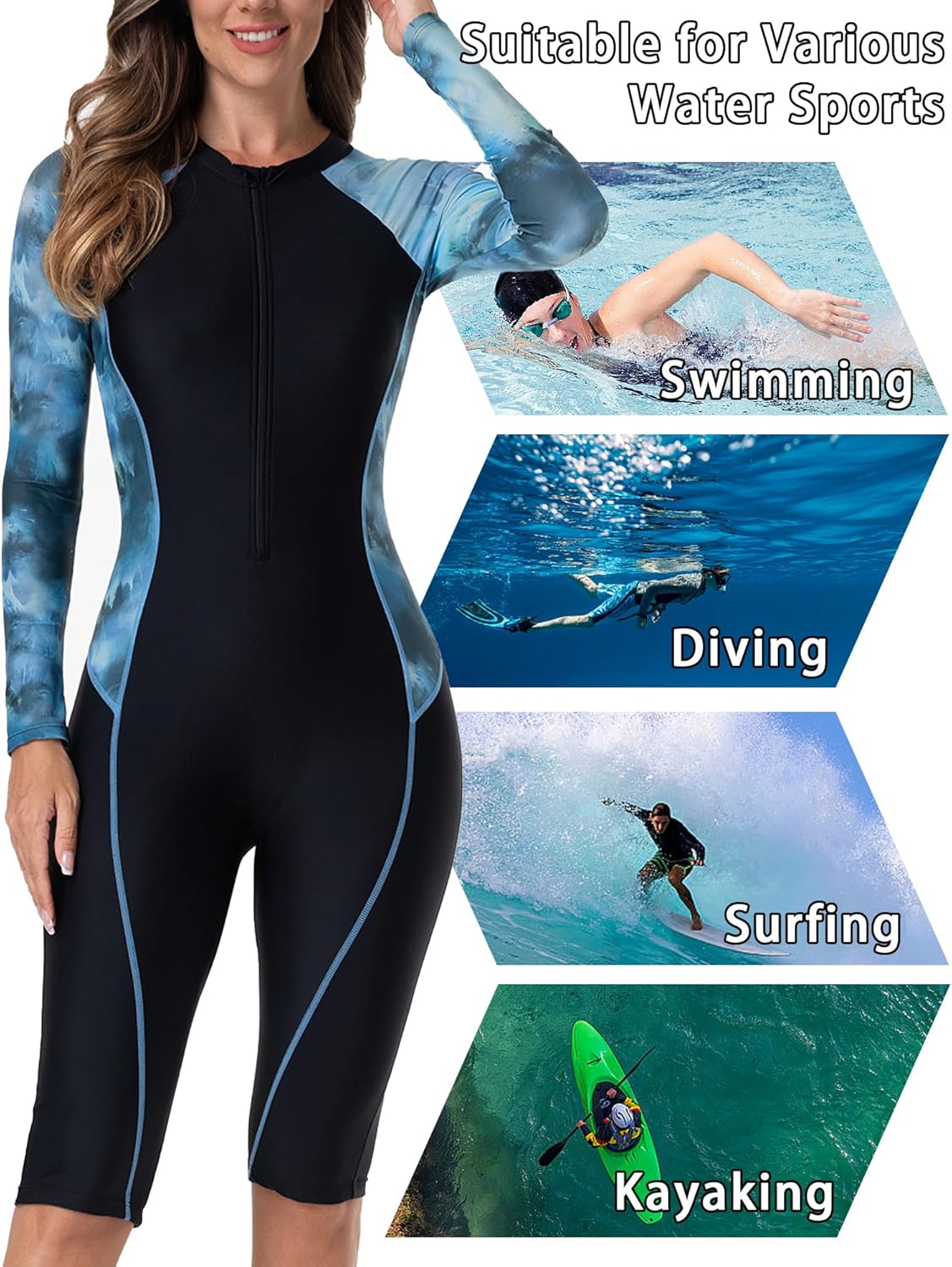 FEOYA Women Zip Front Rash Guard Colorblock Patchwork Swimsuit One Piece Monokini Boyleg Swimwear - Image 5