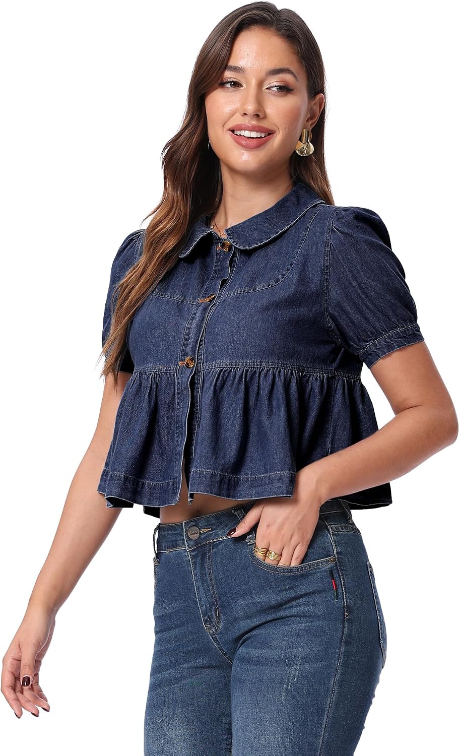 SUNNOW Women's Denim Peter Pan Collar Blouse - Ruched Puff Sleeve Peplum Top with Button Front for Casual Wear